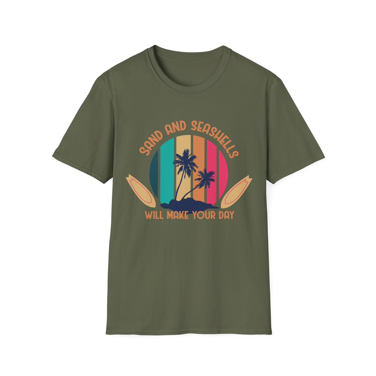 Beach Vibes Unisex T-Shirt with Sand and Seashells Design