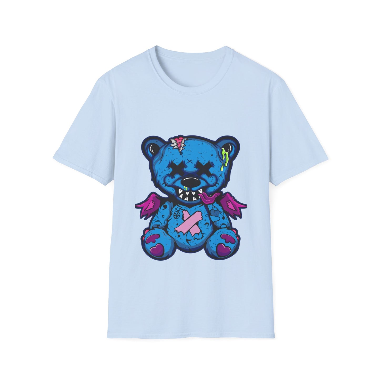 Light blue t-shirt with a blue teddy bear graphic on a white background