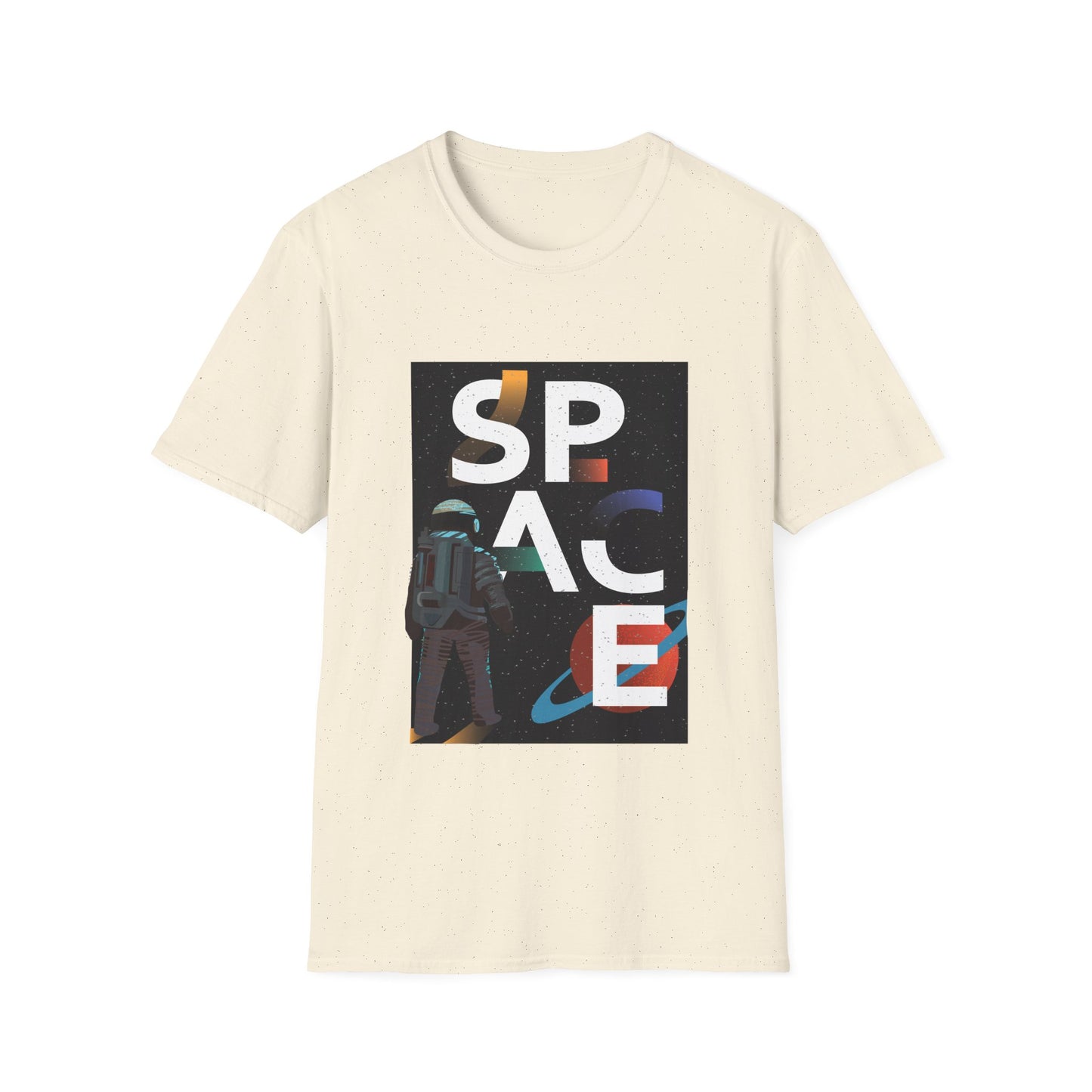 Beige t-shirt with 'SPACE' graphic design on a white background