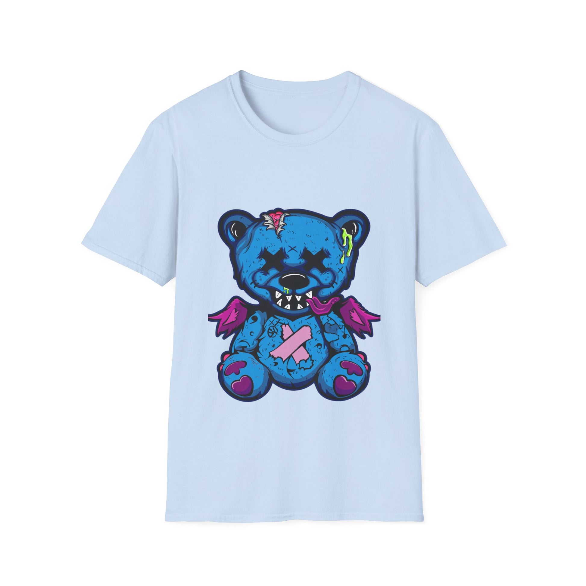 Light blue t-shirt with a blue teddy bear graphic on a white background