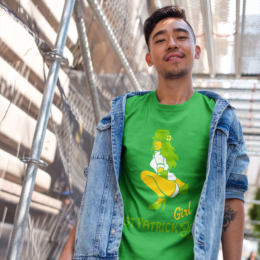 Person wearing a green St. Patrick's Day t-shirt with a graphic design outdoors.
