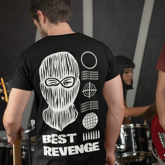 Person wearing a black t-shirt with a white graphic and text 'Best Revenge' in a music band setting.