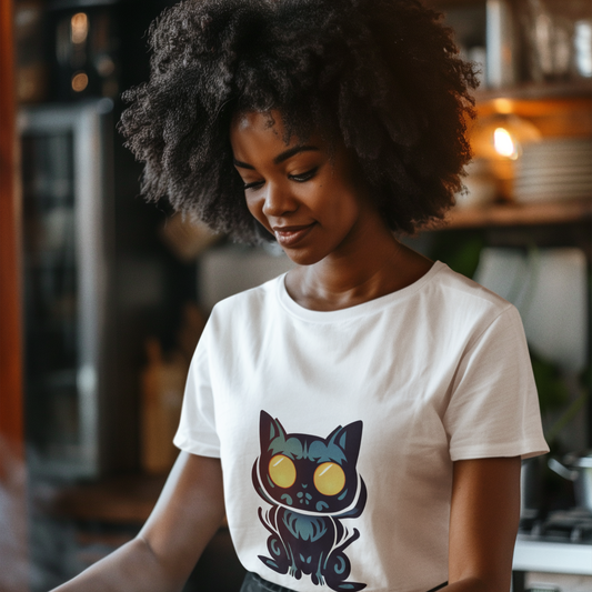 Woman cooking in a kitchen wearing a white t-shirt with an owl design.