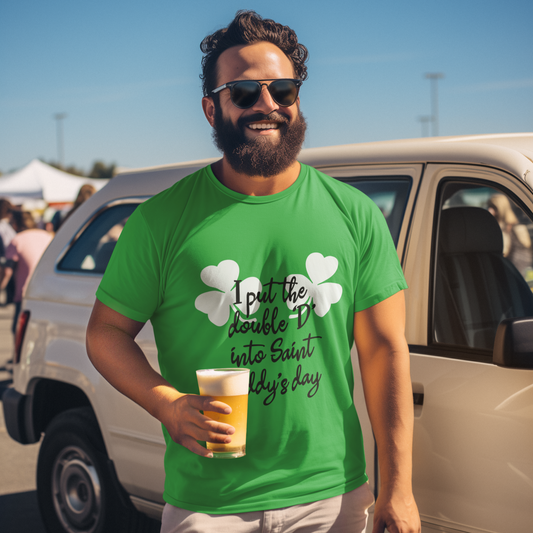 Man wearing a green t-shirt with a humorous design, holding a beer, standing in front of a white van.