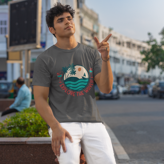 Man wearing a t-shirt with a graphic design on a city street