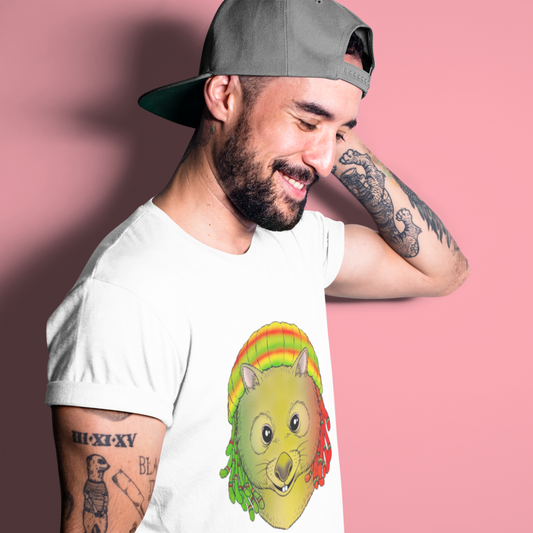 Man wearing a white t-shirt with a graphic design of a mouse in a taco on a pink background