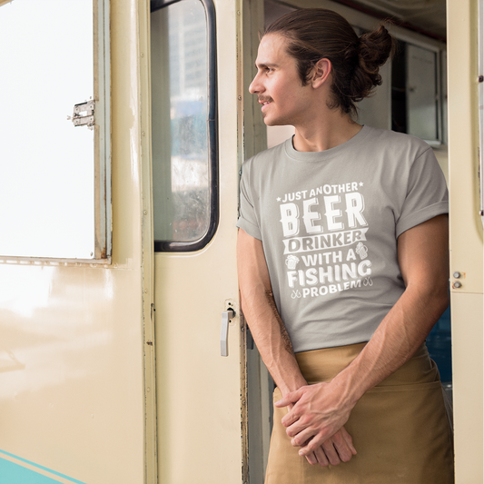 Person standing in front of a food truck wearing a t-shirt with text.