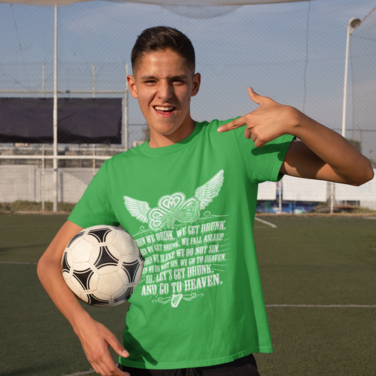 Person wearing a green t-shirt with a soccer ball on a sports field