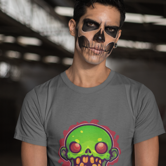 Person wearing a gray t-shirt with a colorful skull design in an indoor setting