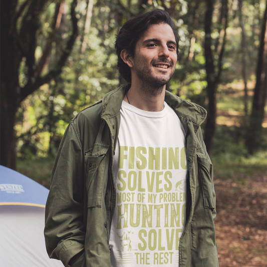Man wearing a t-shirt with text in a forest setting