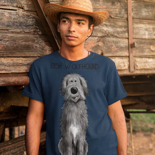 Person wearing a navy blue t-shirt with a wolfhound graphic in front of a wooden structure.