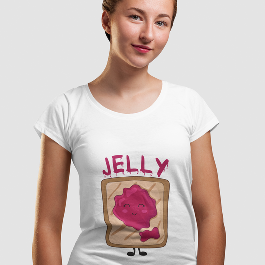 Person wearing a white t-shirt with a pink jelly design on a light gray background