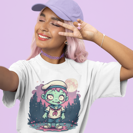 Person wearing a white t-shirt with a graphic design, making a peace sign against a light purple background