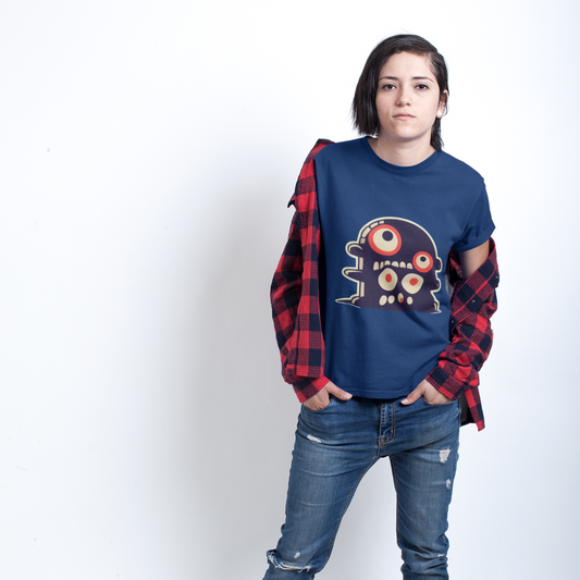 Person wearing a blue graphic t-shirt, red plaid shirt, and jeans on a white background
