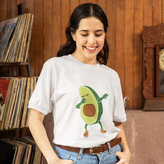 Woman wearing a white t-shirt with an avocado graphic in a record store.