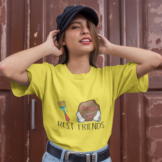Person wearing a yellow t-shirt with 'Best Friends' graphic design.