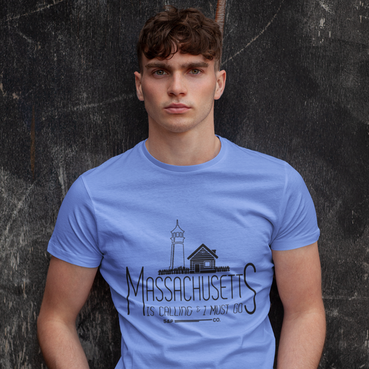Man wearing a blue t-shirt with 'Massachusetts' design against a dark textured background