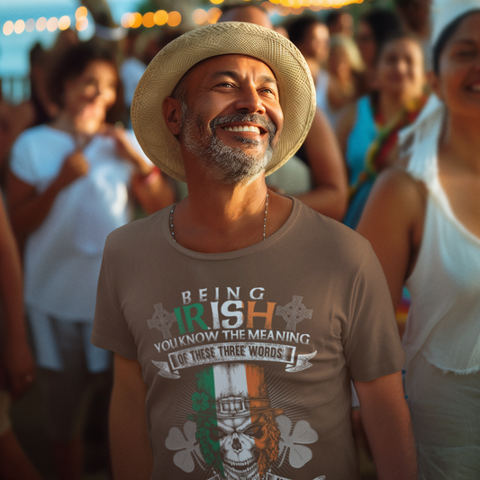 Man wearing a hat and t-shirt with text and graphics, standing among people outdoors.
