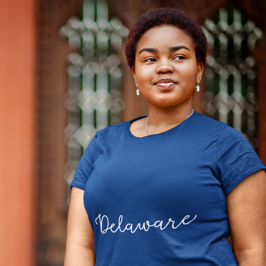 Person wearing a blue 'Delaware' t-shirt with a blurred background