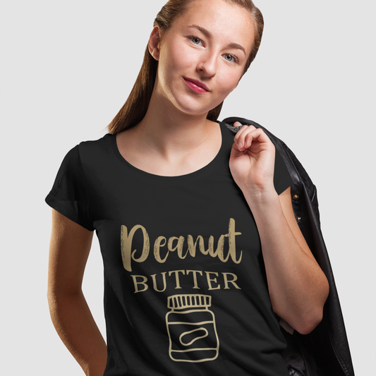 Woman wearing a black t-shirt with 'Peanut Butter' and a jar graphic.