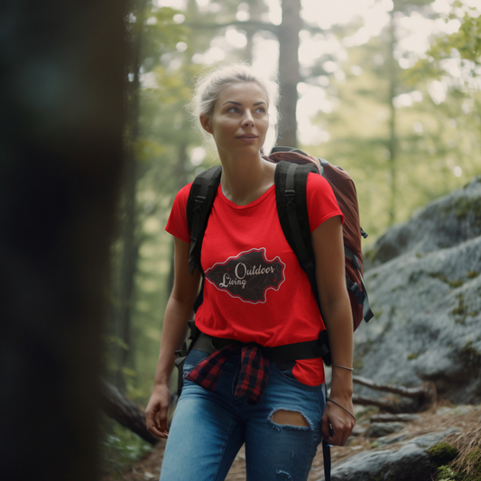 Woman hiking in a forest wearing a red 'Outdoor Living' t-shirt.