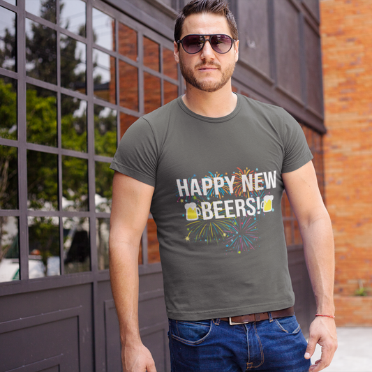 Man wearing a t-shirt with 'Happy New Beers!' text outdoors.