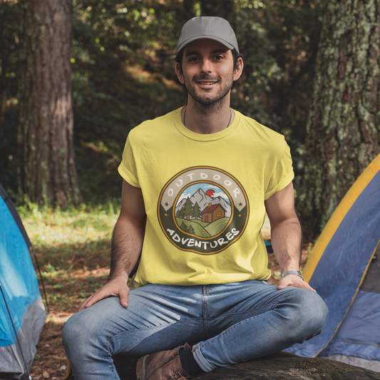 Man in yellow t-shirt with a dog sitting on a log in a forest setting