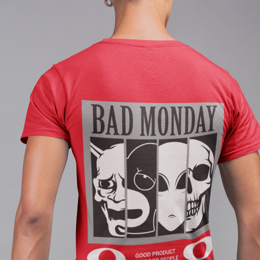 Red t-shirt with graphic design and text on a gray background