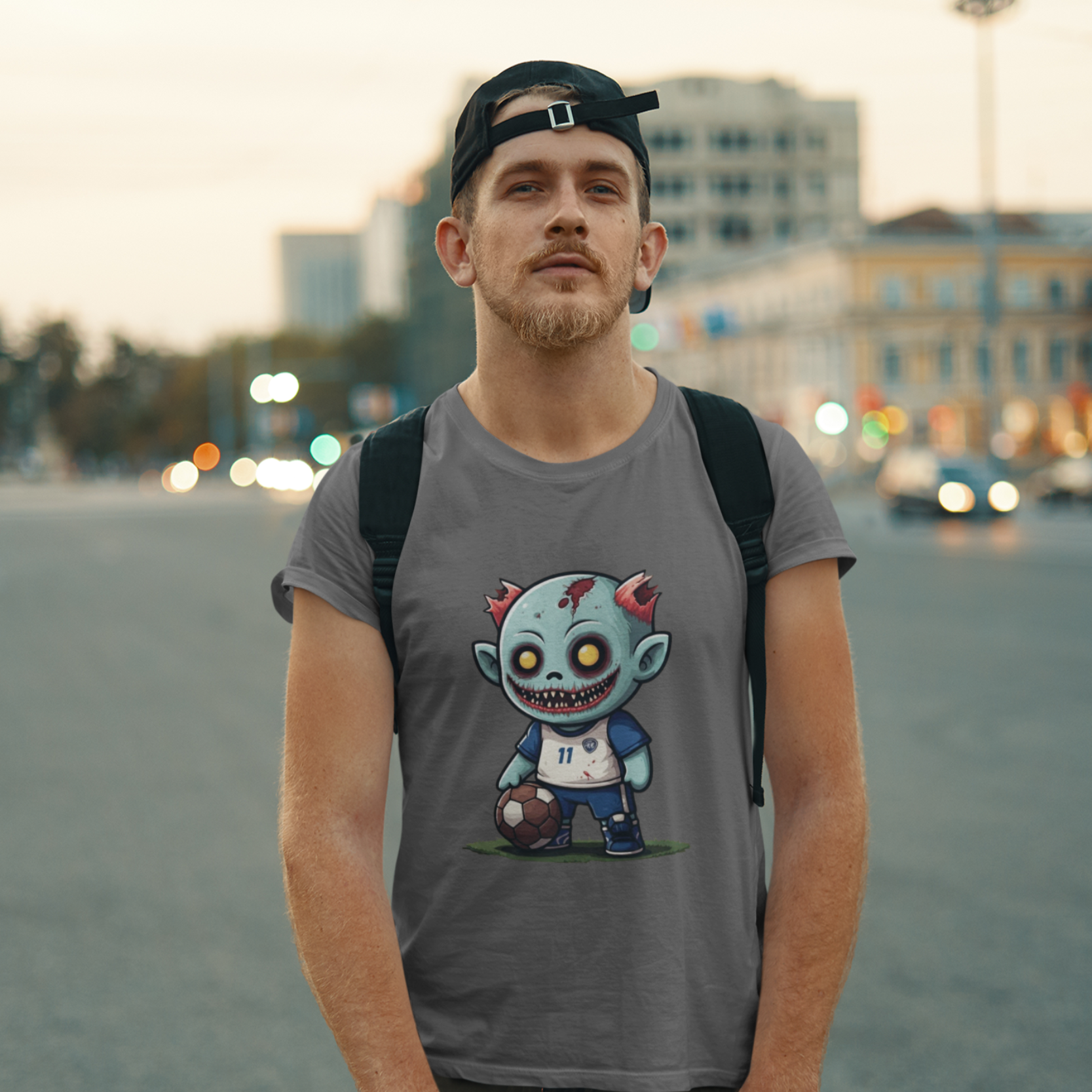 Man wearing a gray t-shirt with a graphic design of a zombie holding a football, standing on a street.
