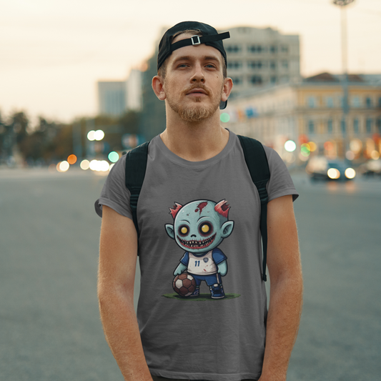 Man wearing a gray t-shirt with a graphic design of a zombie holding a football, standing on a street.
