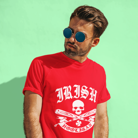 Man wearing a red t-shirt with 'Irish Hooligan' design on a green background