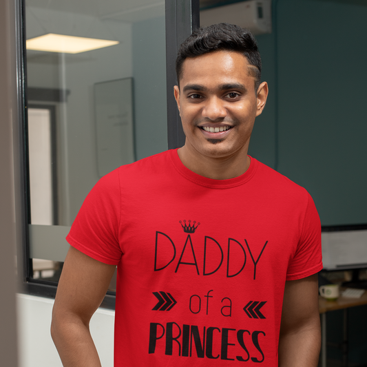 Man wearing a red t-shirt with 'Daddy of a Princess' text in an office setting