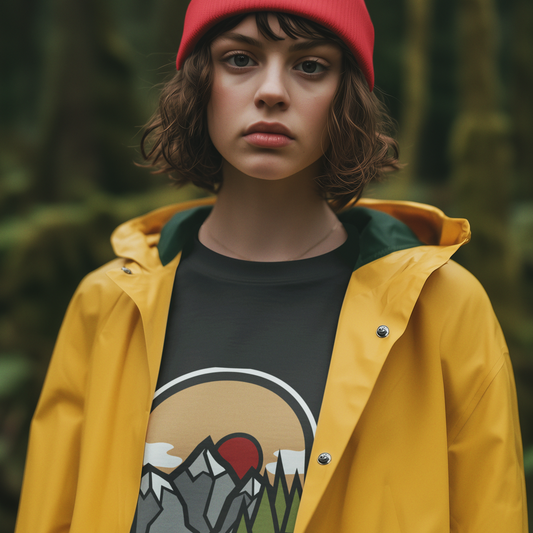 Person wearing a yellow raincoat and red beanie with a forest background