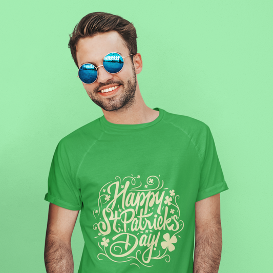 Man wearing a green 'Happy St. Patrick's Day' t-shirt against a green background