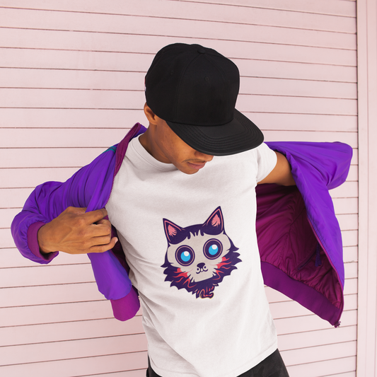 Person wearing a white t-shirt with a cat graphic and a purple jacket, standing against a light pink background.