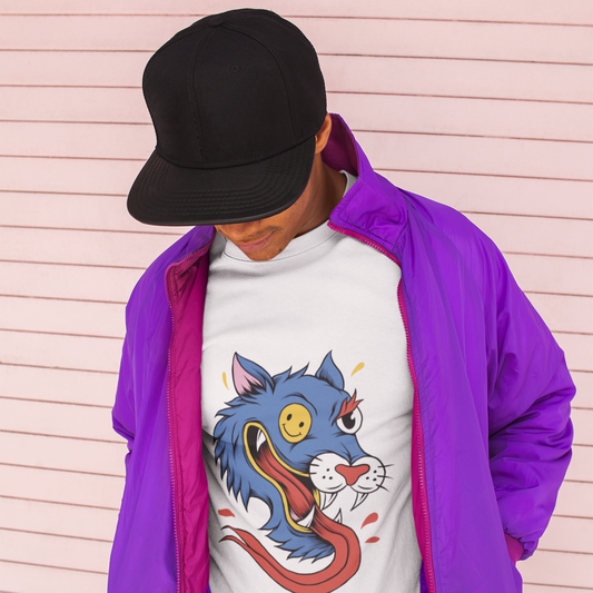 Person wearing a white t-shirt with a colorful wolf design, purple jacket, and black cap against a light wooden panel background.