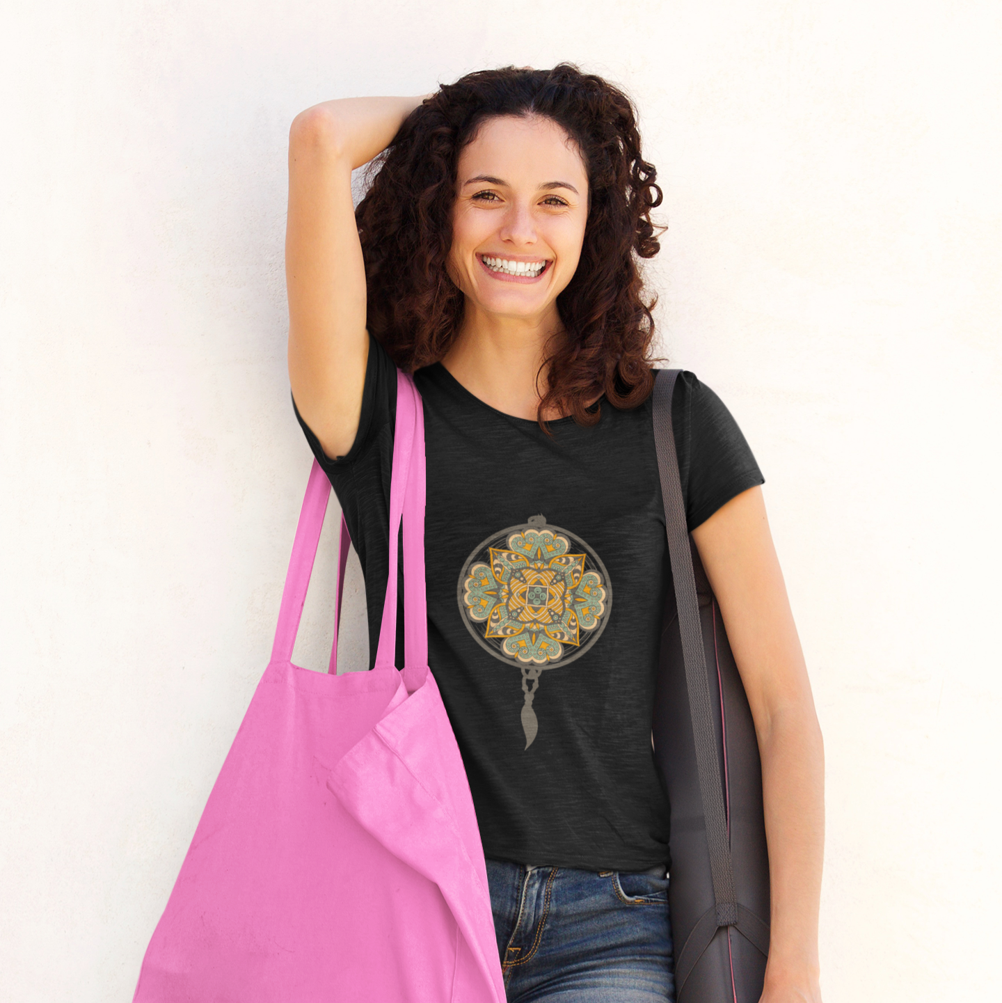 Woman holding a pink bag and a yoga mat against a white background