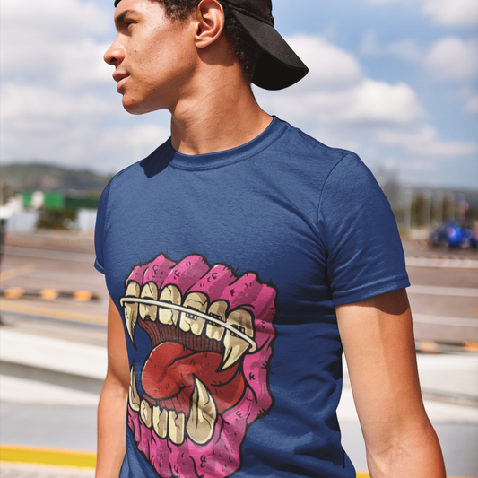 Person wearing a blue t-shirt with a graphic design outdoors