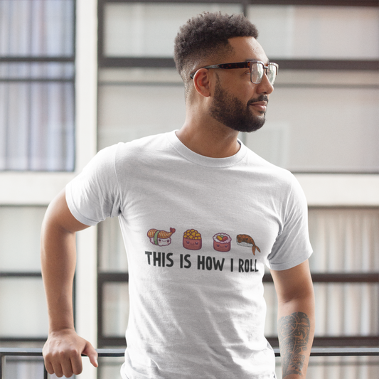 Man wearing a white t-shirt with a graphic design and text, standing indoors.