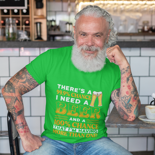Man wearing a green t-shirt with humorous text in a casual setting