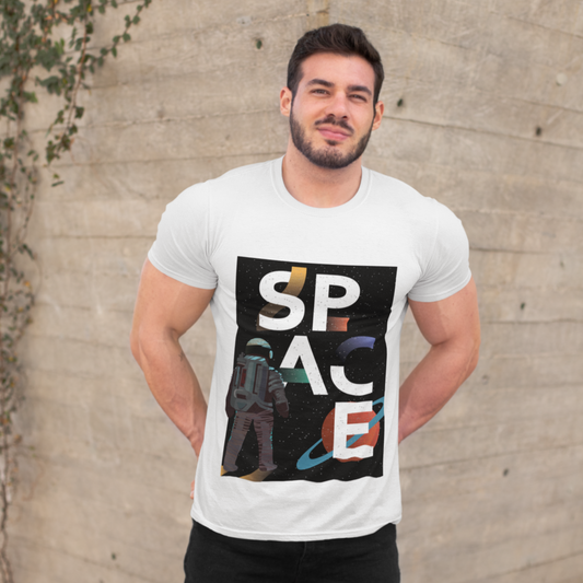 Man wearing a white t-shirt with a 'SPACE' graphic design against a concrete wall.