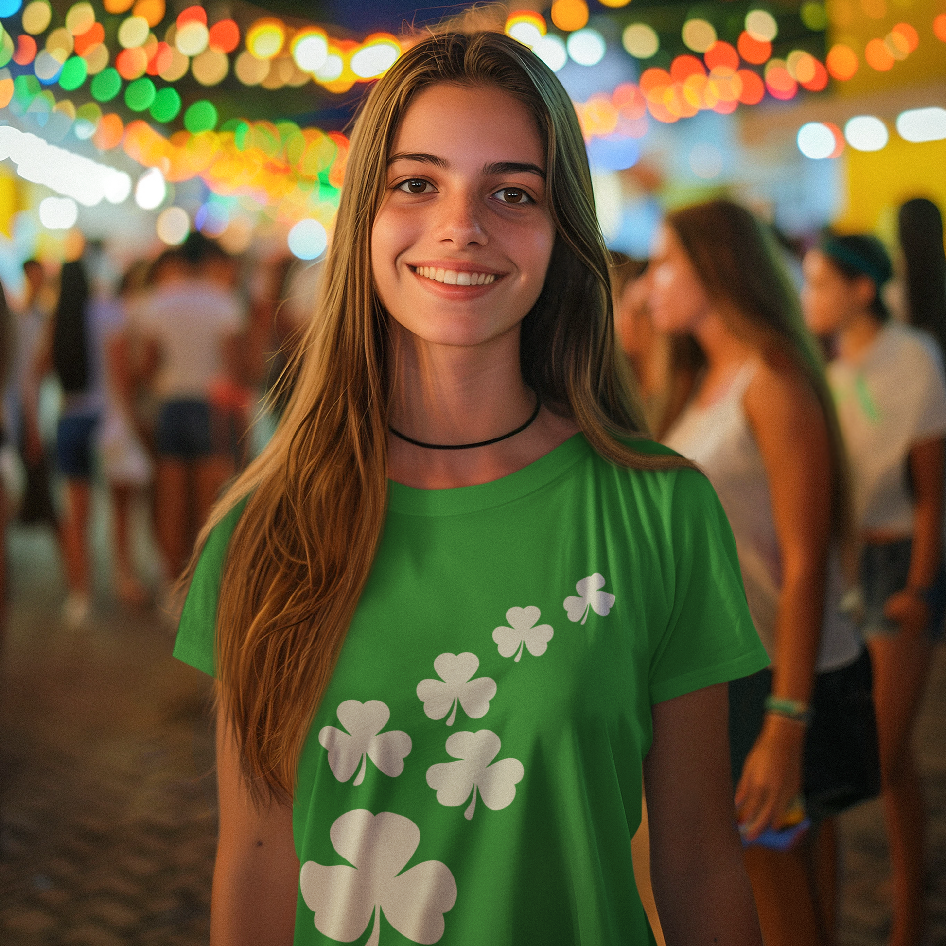 Woman wearing a green shirt with white shamrocks in a festive outdoor setting with blurred lights.