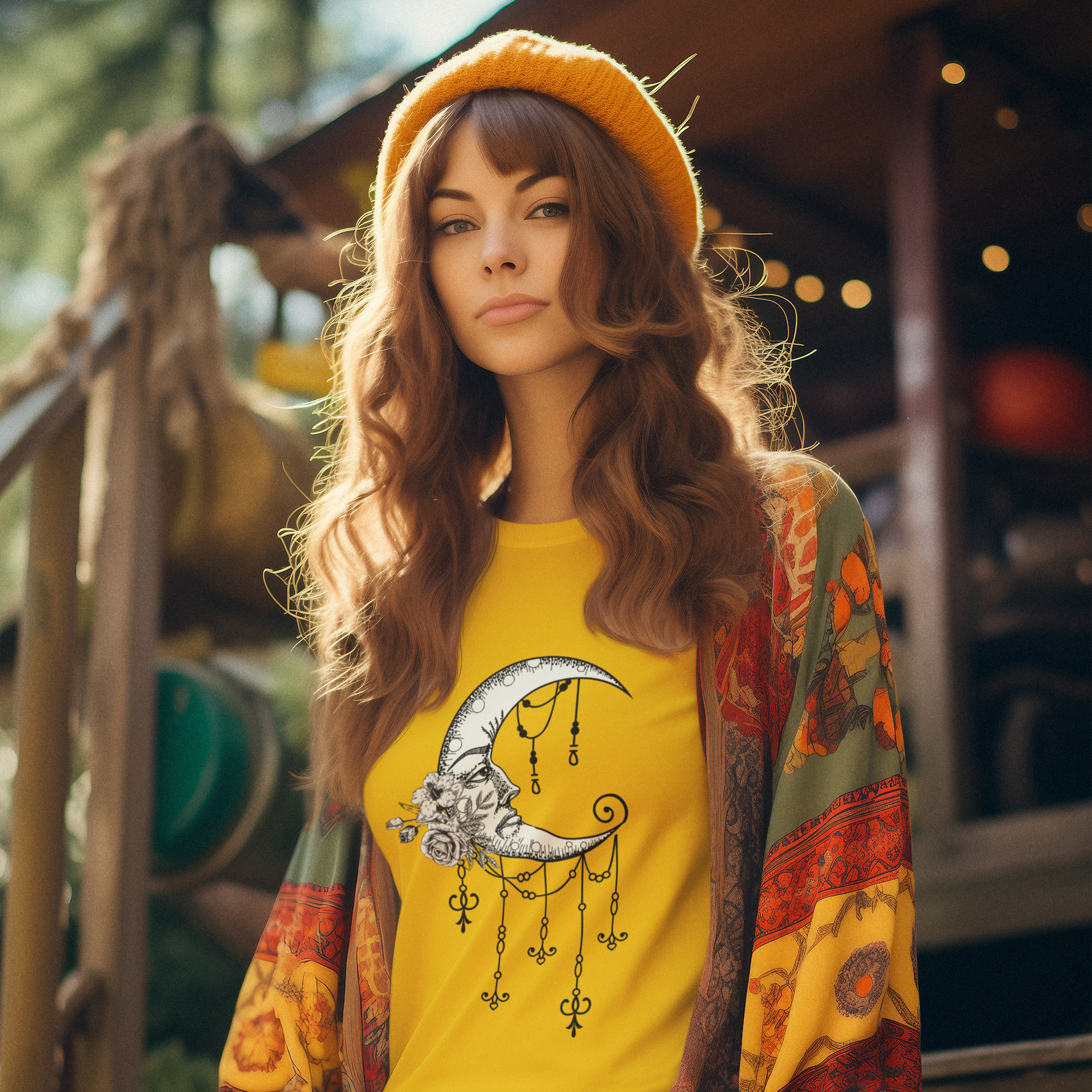 Person wearing a yellow shirt with a moon design and colorful sweater sitting outdoors.