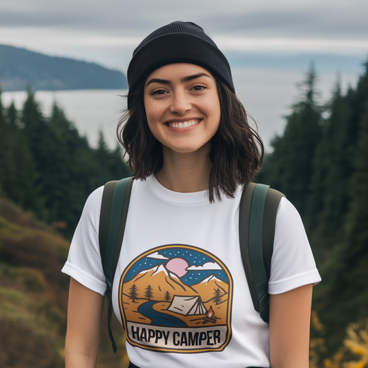 Woman wearing a 'Happy Camper' t-shirt with a tent graphic in a scenic outdoor setting.