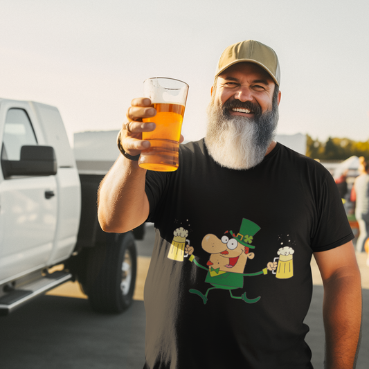 Man holding a beer and a pint glass in a parking lot with people and vehicles in the background.