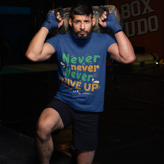 Person in a gym wearing a blue t-shirt with motivational text, preparing for a workout.
