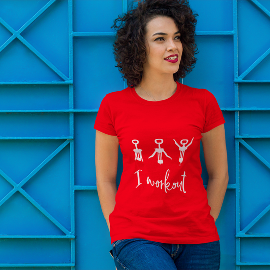 Woman wearing a red t-shirt with a graphic design and text against a blue geometric background