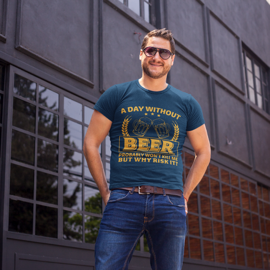 Man wearing a t-shirt with a humorous beer slogan in front of a building.